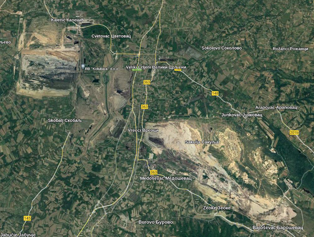 Satelitski snimak površinskih kopova Kolubarskog basena (printscreen)